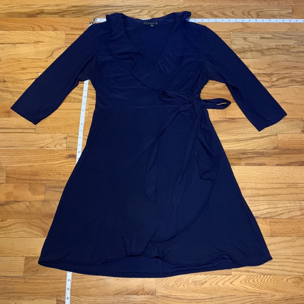 Navy, stretchy wrap dress ruffle dress